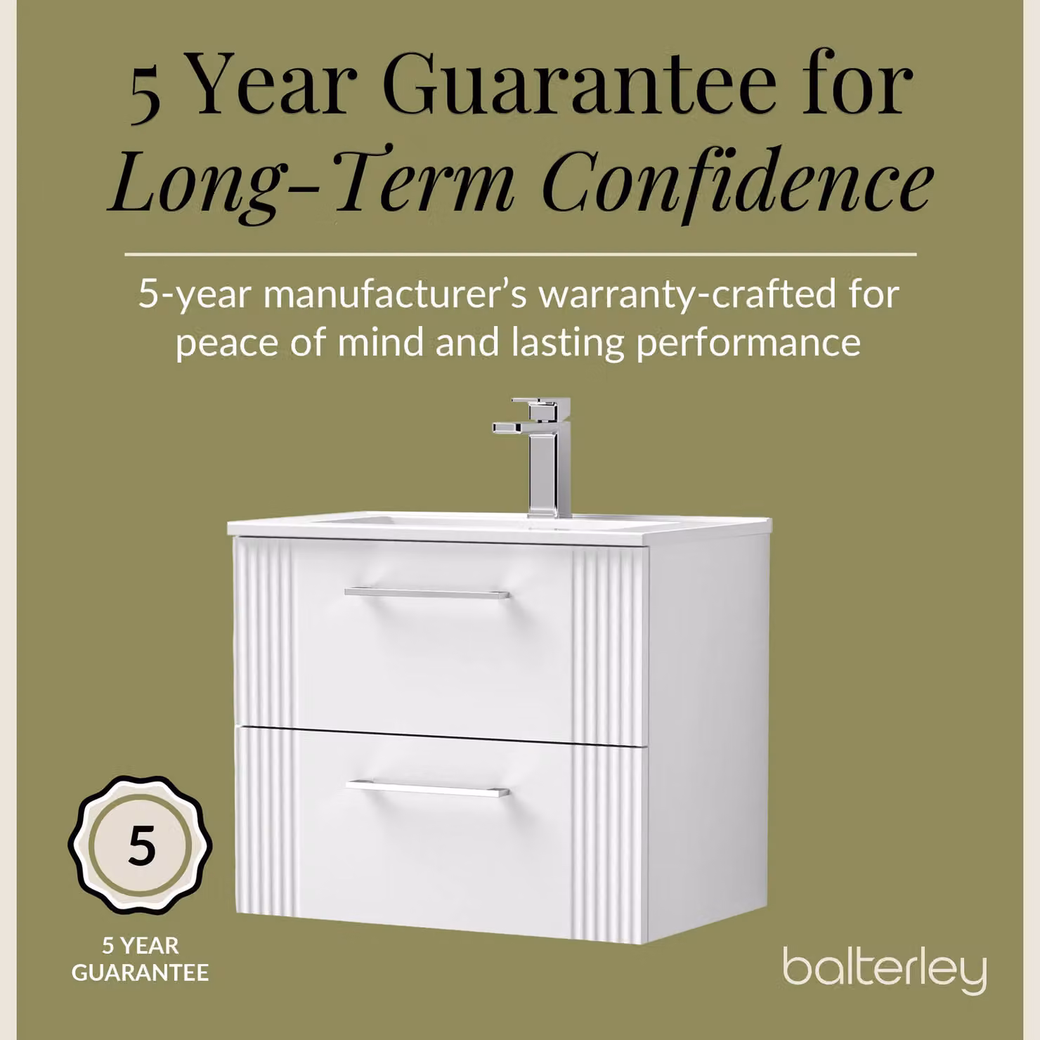 Balterley Wall Hung 2 Drawer Vanity Unit with Minimalist Basin, Satin White, Width: 60 cm – 2