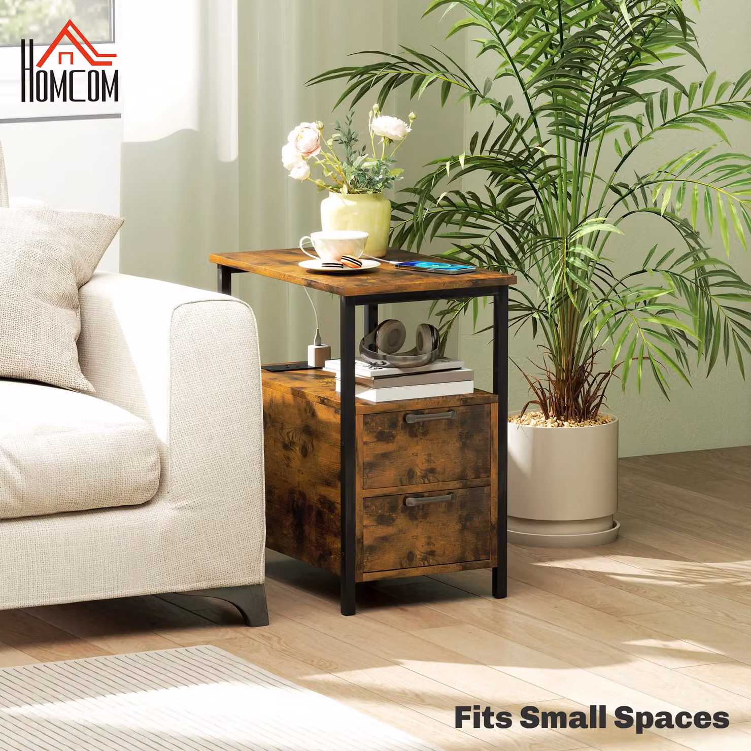 HOMCOM Side Table with Charging Station and Media Compartments, Rustic Brown – 5