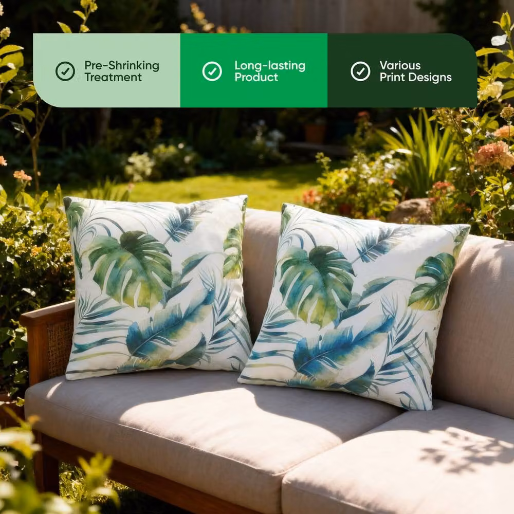 Gardenwize Pack of 2 Square Floral Botanical Leaf Outdoor Scatter Cushions in Green and Multicolour – 3