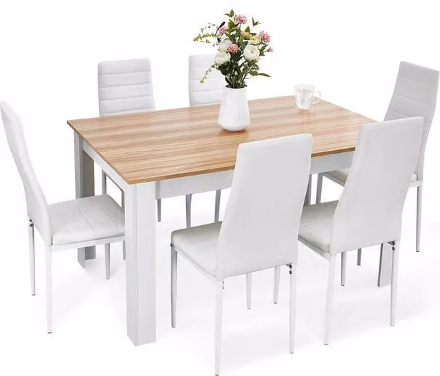 Mondeer Modern Oak Dining Set with White and Beige Chairs