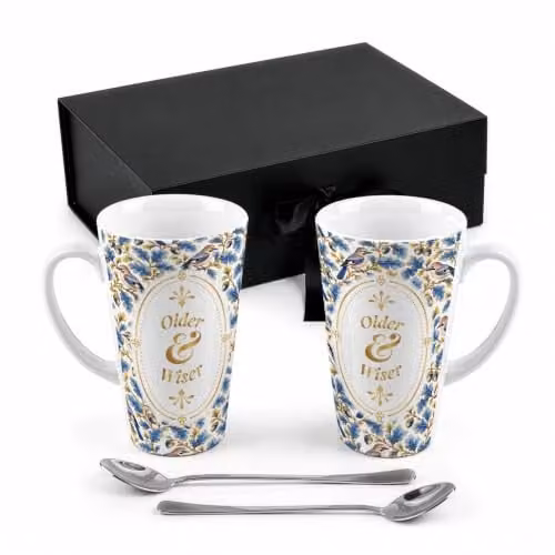 Purely Home Older & Wiser Ornate Tall Latte Mugs and Spoons Gift Set in Blue and Gold with Floral Design – 1