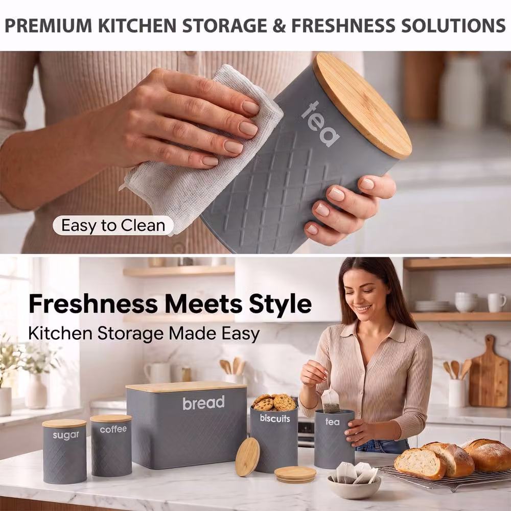 Crystals Grey 5 Piece Airtight Kitchen Storage Set with Bread Bin and Matching Geometric Canisters – 7