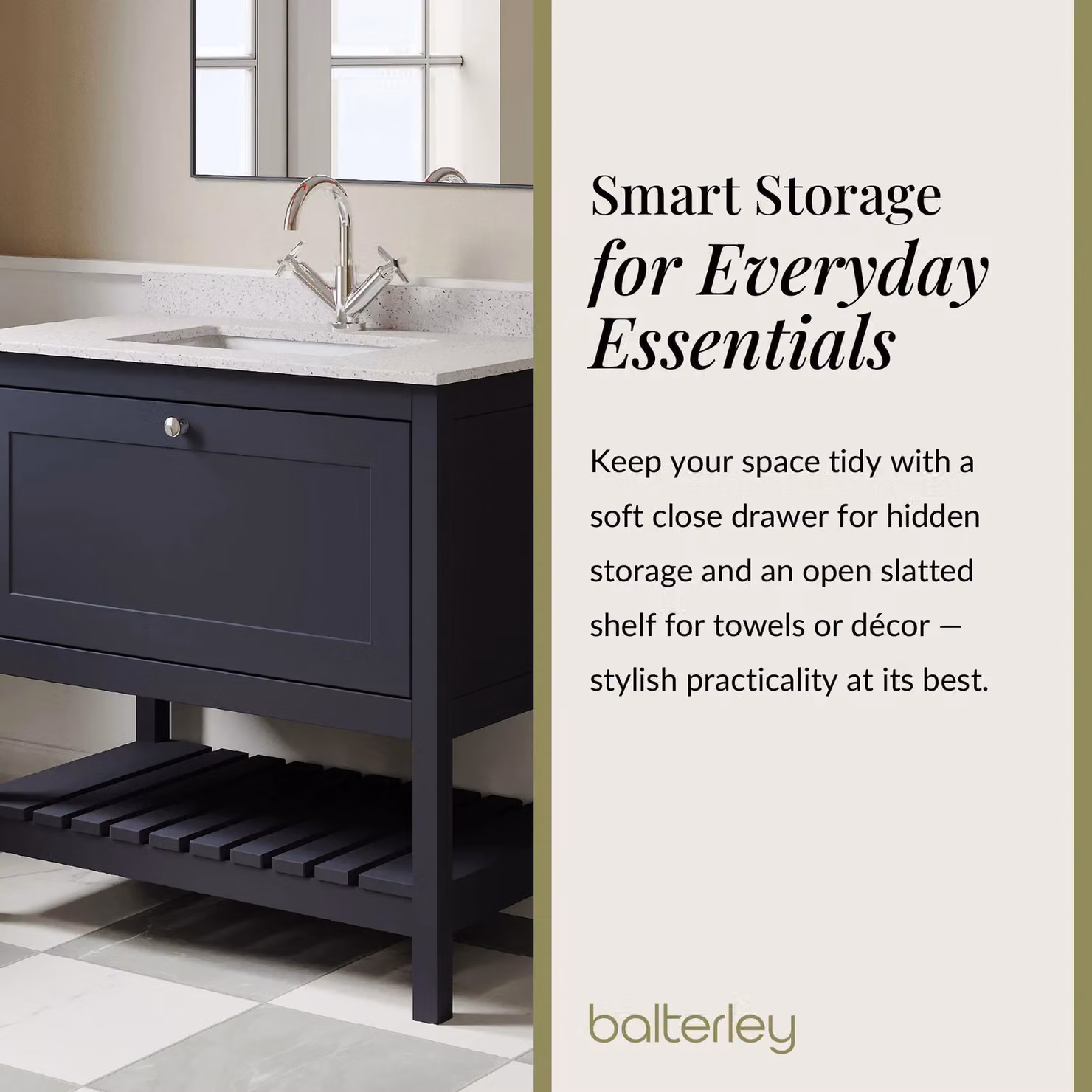 Balterley Blue Freestanding Bathroom Floor Vanity Unit with Marble Top and 1 Drawer, Width: 80 cm – 4