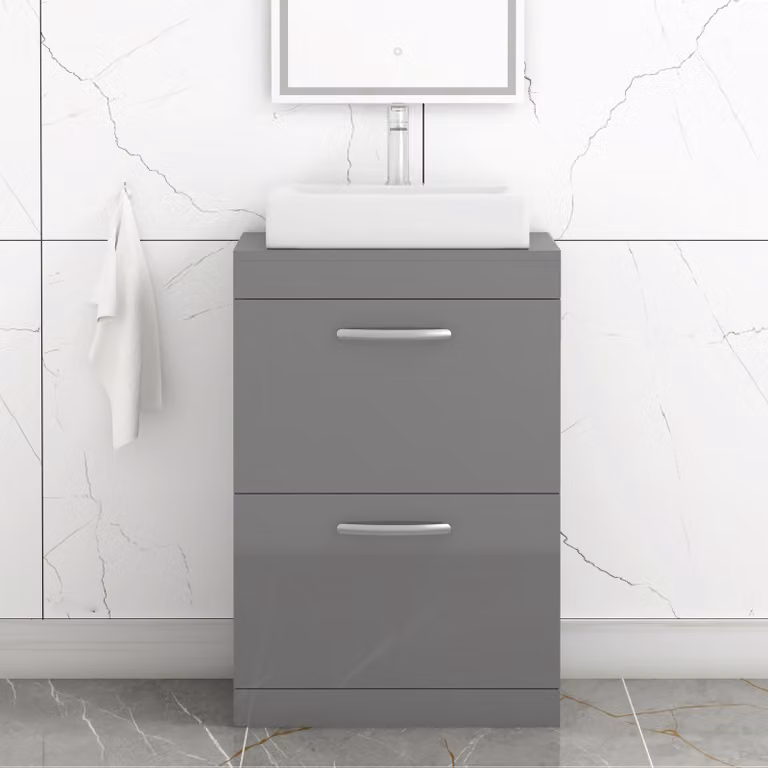 Royal Bathrooms Turin 600mm Floor Standing 2 Drawer Vanity Unit in Grey Gloss