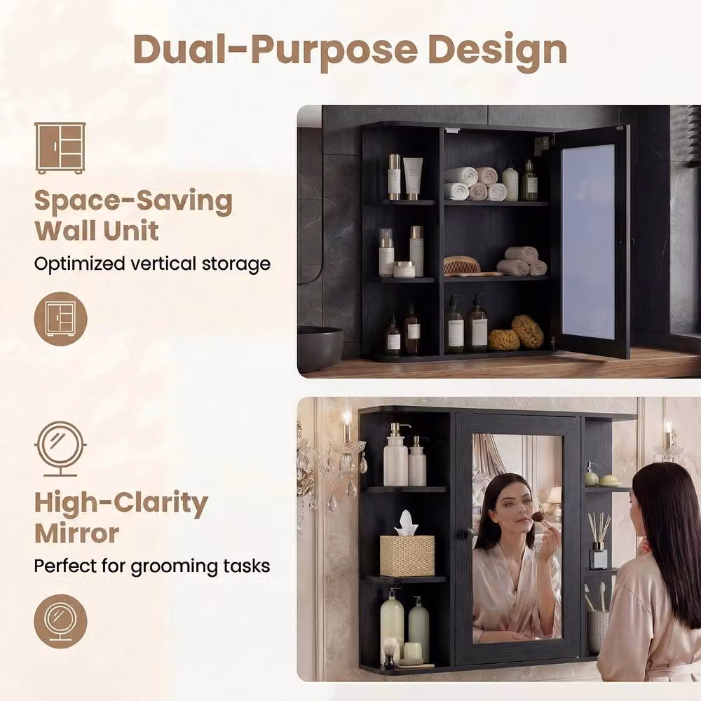 Gymax Wall Mounted Black Matt Bathroom Medicine Cabinet with Mirror and Internal Shelves – 3
