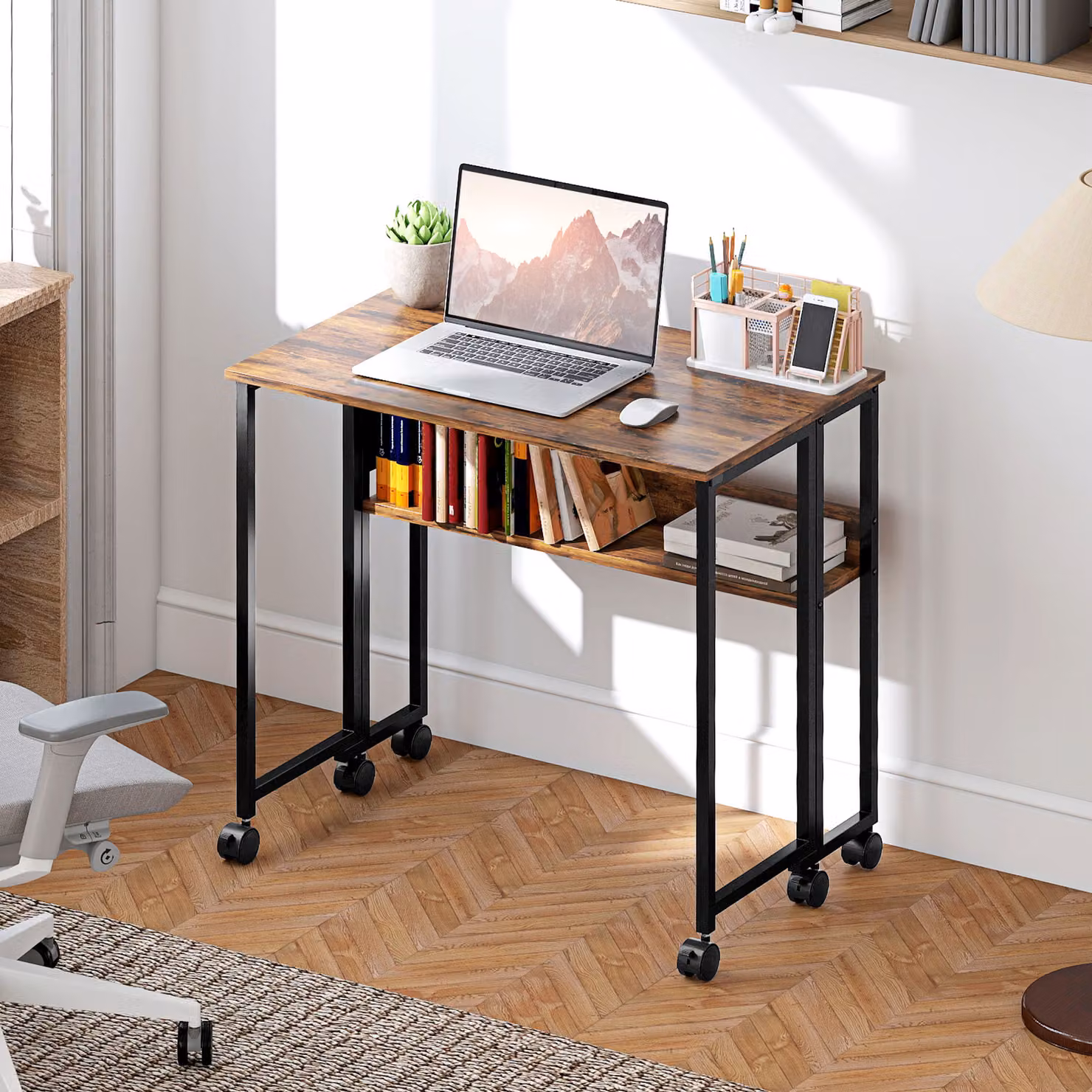 HOMCOM Rustic Brown Drop Leaf Writing Desk for Home Office – 2