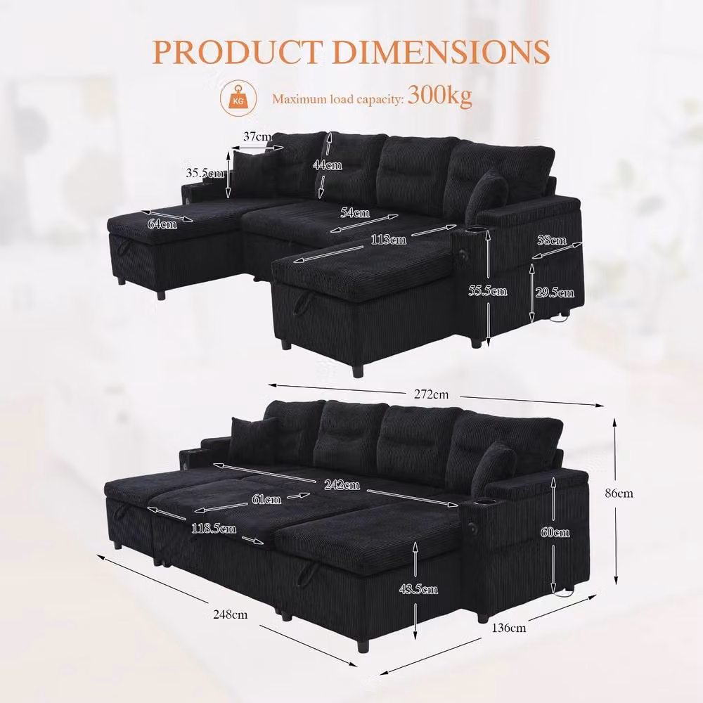 Rolipo Black 4-Seater Corduroy Sofa Bed with Reversible Dual Chaise, Storage, USB Charging and Cup Holders – 2