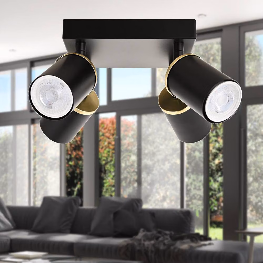 First Choice Lighting Larbert Black and Gold 4 Way Adjustable LED Spotlight Fitting – 3