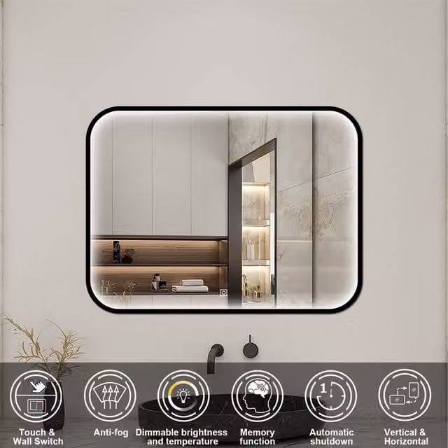 AicaBathroom Black Frame Rectangular LED Bathroom Mirror with 3 Colour Light and Touch Switch, Width: 90 cm