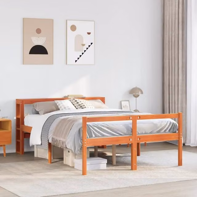 Berkfield Home Small Double Bed Frame with Headboard in Wax Brown Pine Wood, W/D/H: 120 x 200 cm