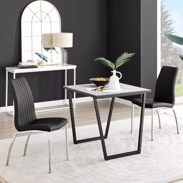 FurnitureboxUK Carson White Marble Effect Square Dining Table and 2 Black Faux Leather Isco Chairs – 1