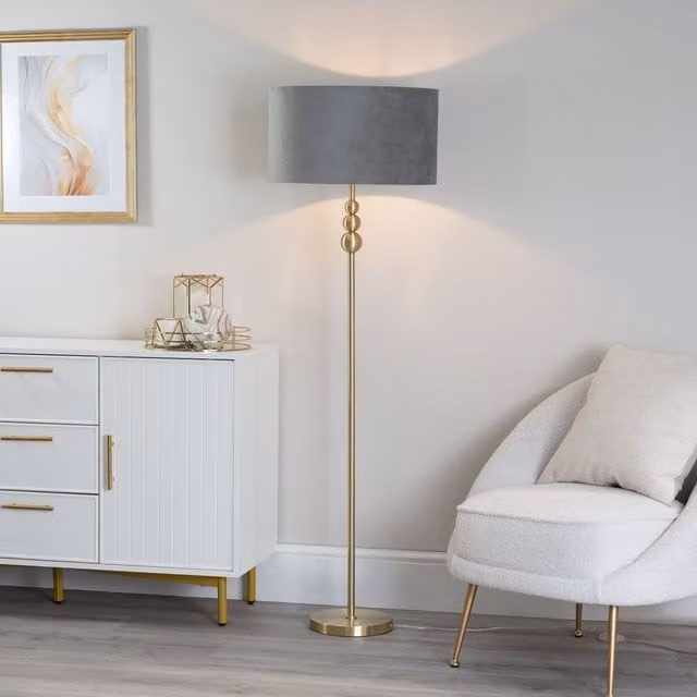 ValueLights Marissa Gold Stacked Ball Floor Lamp with Grey Velvet Drum Shade – 1