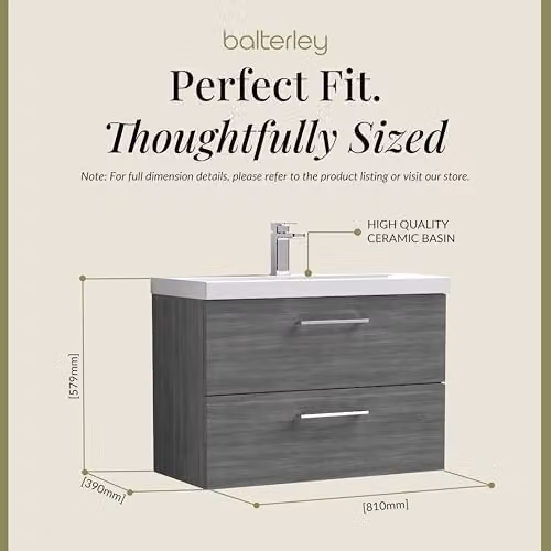 Balterley Wall Hung 2 Drawer Bathroom Vanity Unit with Basin in Woodgrain Anthracite, W: 81.0 cm, D: 39.0 cm, H: 57.9 cm – 2
