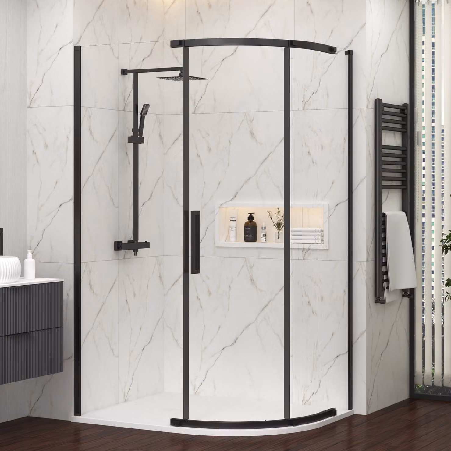 Royal Bathrooms Chelsea Single Door Offset Quadrant Shower Enclosure with White Mineral Cast Stone Tray, Matt Black, W: 120 cm, D: 80 cm, H: 195 cm