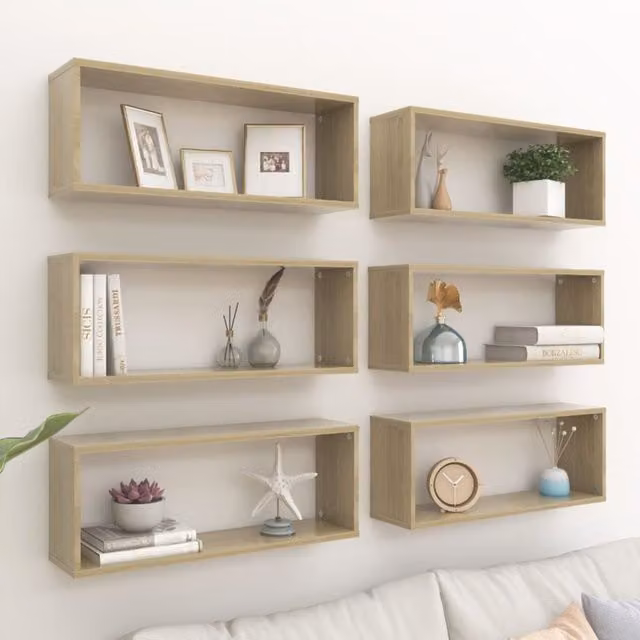 Berkfield Home Wall Mounted Cube Shelf Set of 6 in Sonoma Oak Brown, W: 60 cm, D: 23 cm, H: 15 cm