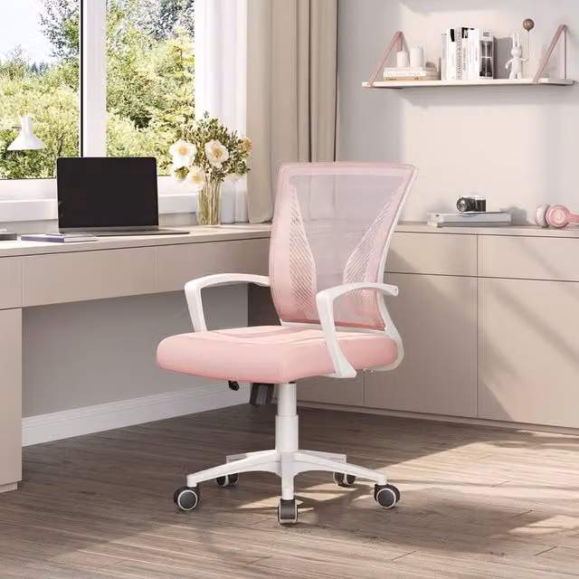 Yaheetech Pink Fabric Adjustable Swivel Task Chair with Armrests and Castors for Home Office