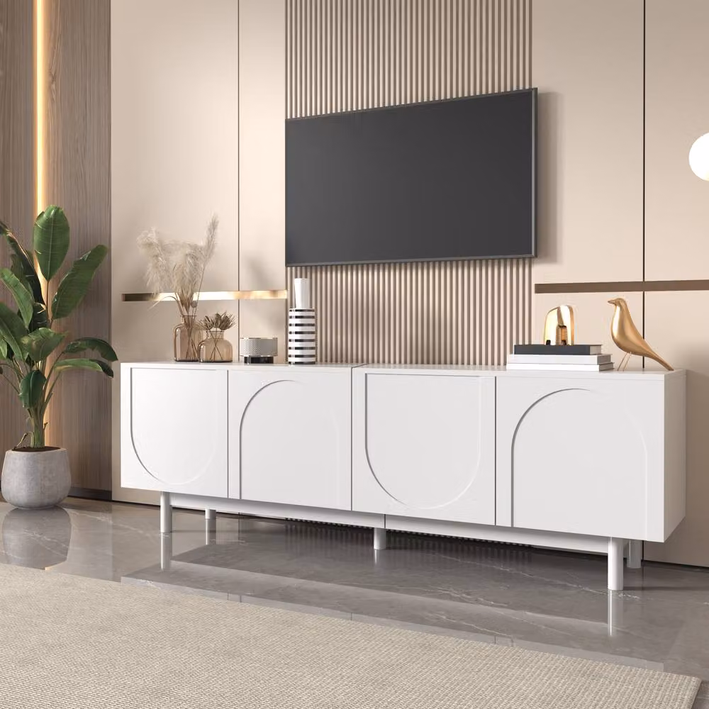 BTM Modern White TV Cabinet with Internal Shelves and Hinged Doors, W: 175 cm, D: 38 cm, H: 56 cm – 2