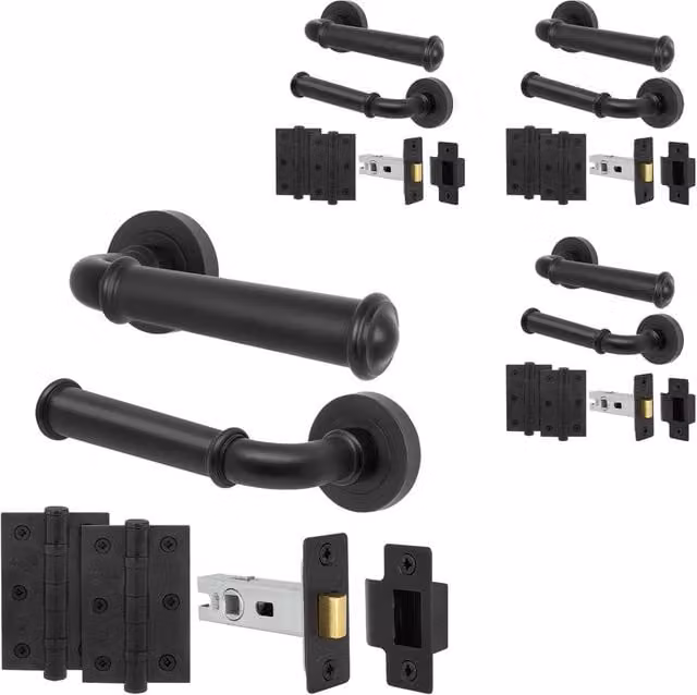 AFIT Matt Black Aluminium Door Handle Latch and Rosette Set, 4 Pack