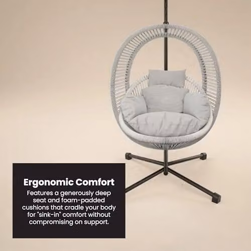 Solace+Co Lana Rattan Egg Hanging Swing Chair with Stand in Light Grey – 4