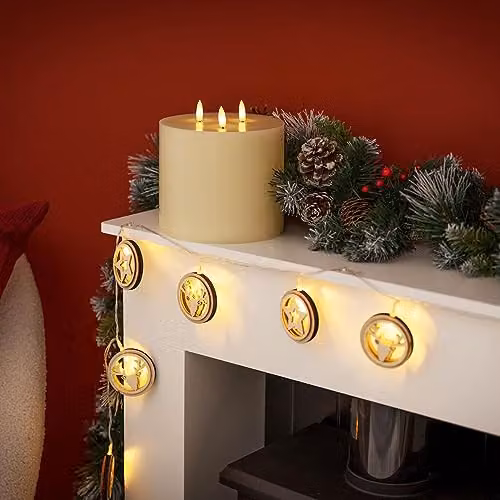 ValueLights Battery Operated Wooden Star and Reindeer Disc String Lights with 10 Warm White Bulbs in Brown and White – 5