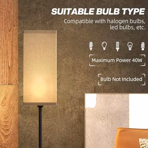 HOMCOM Minimalist Standing Floor Lamp with Linen Shade in Black and Light Brown – 4