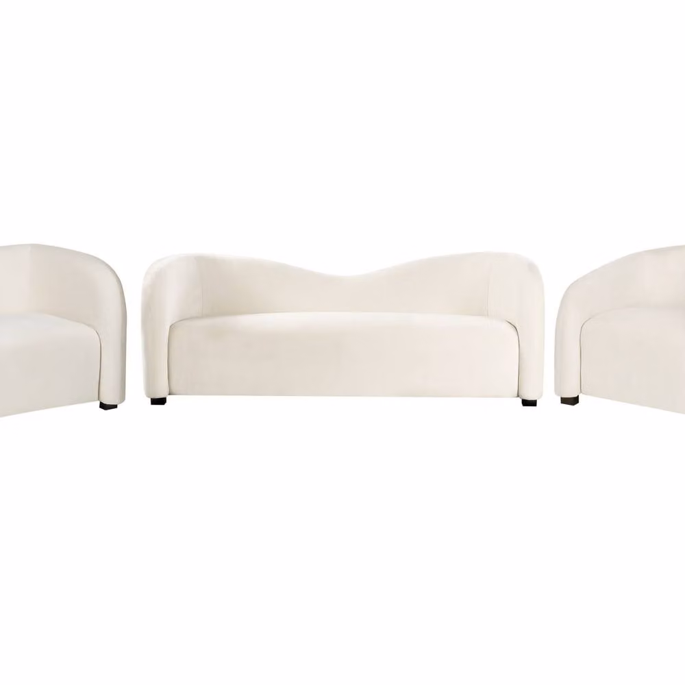 Wyld and Coco Off-White Velvet Sofa and Curved Back Armchairs Set, W: 205 cm, D: 90 cm, H: 75 cm – 2
