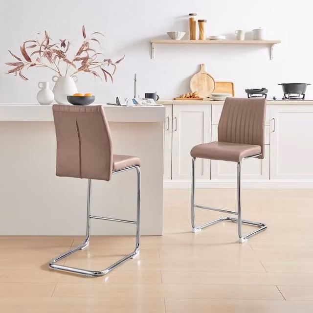 FurnitureboxUK Lorenzo Set of 2 Modern Faux Leather Counter Stools with Silver Metal Cantilever Base in Beige