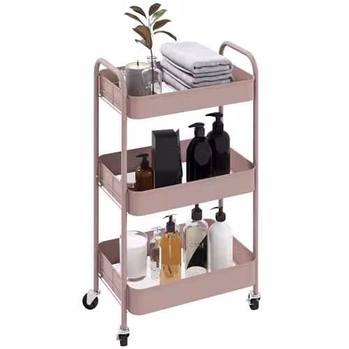 HOMCOM 3-Tier Rolling Utility Storage Trolley with Mesh Baskets in Pink, W/D/H: 45 x 30.6 x 79 cm