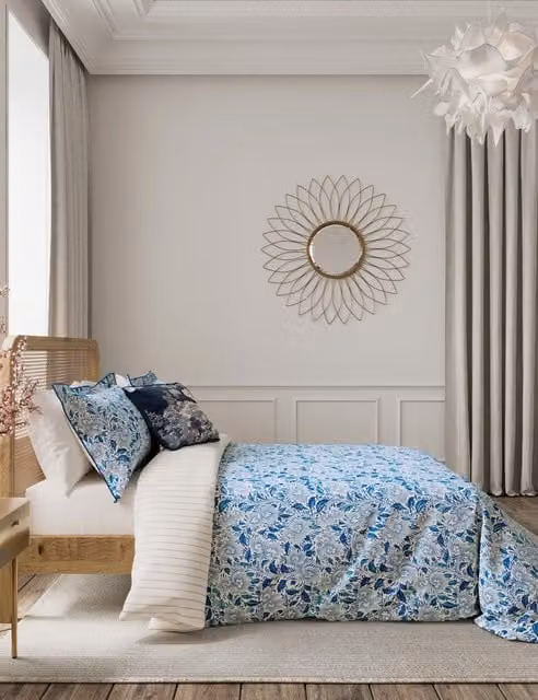 V&A Ornamental Bloom Floral Cotton Bedding Set, Indigo Blue, W: 180 cm x L: 200 cm