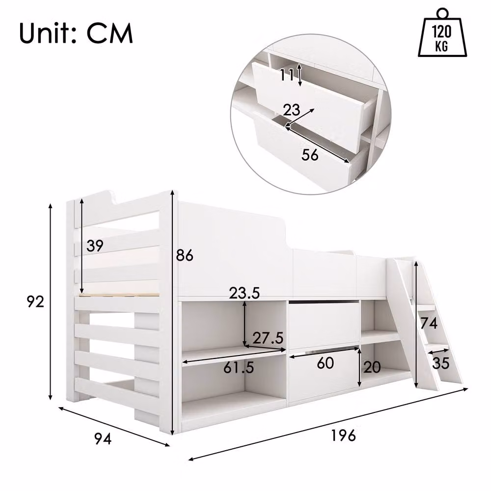 ModernLuxe Cabin Single Bed for Children with Storage Drawers and Bedside Shelf, White, W/D/H: 190 x 90 x 94 cm – 2