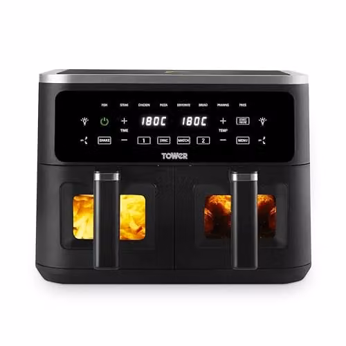 Tower Vortx Vizion 9L Dual Basket Air Fryer with Digital Control Panel, 8 Cooking Pre-sets, Sync and Match Cook Functions, 2400W, Black, T17177, W/D/H: 42 x 40 x 29.6 cm