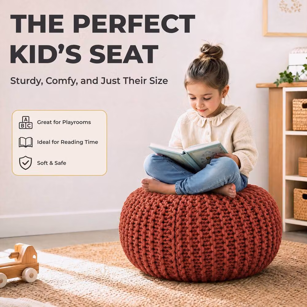 Bravich LTD Chunky Knitted Cotton Pouffe Footstool in Orange, Diameter: 50 cm – 8