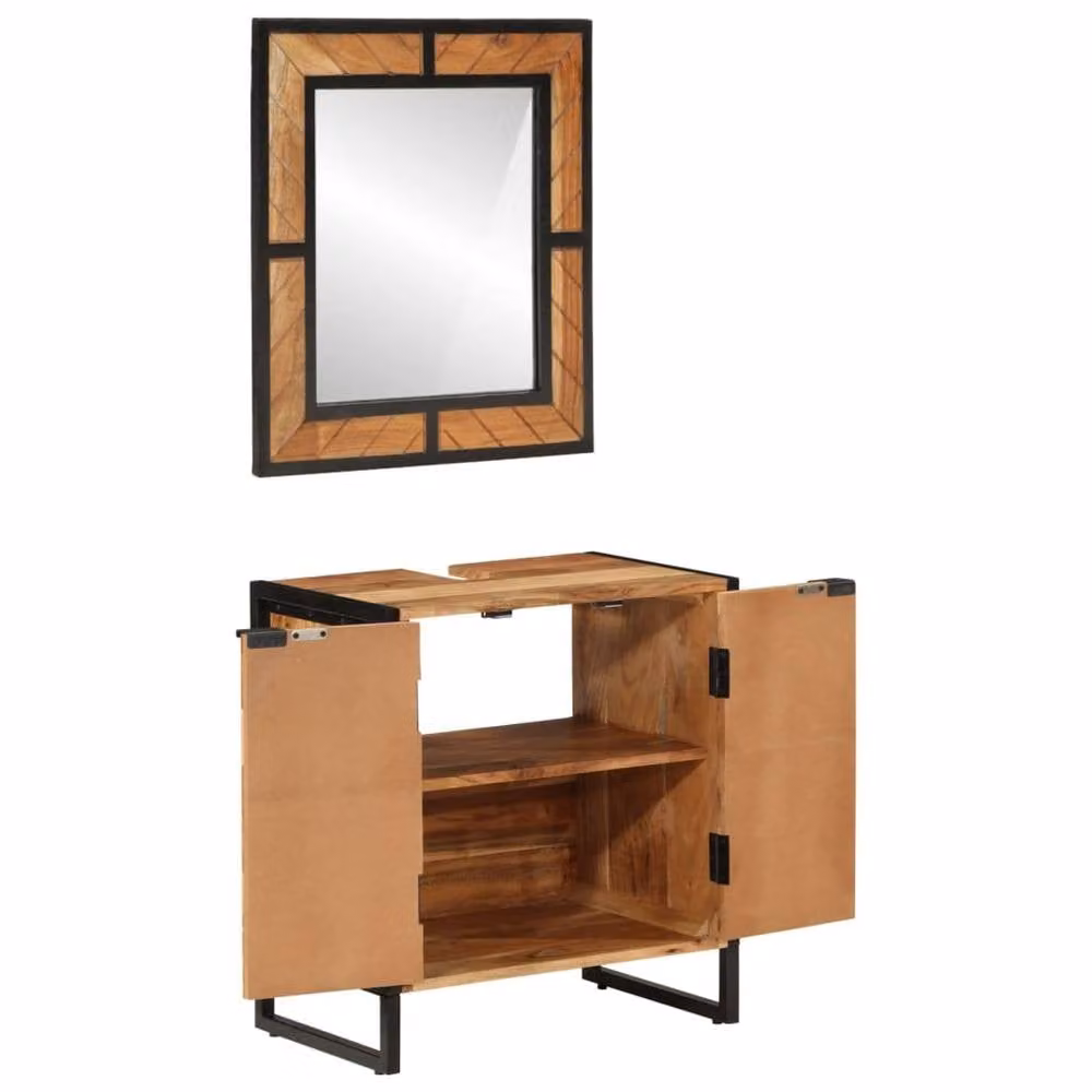 Berkfield Home 2 Piece Industrial Bathroom Furniture Set with Vanity Unit and Mirror Cabinet in Brown Acacia Wood and Metal – 1