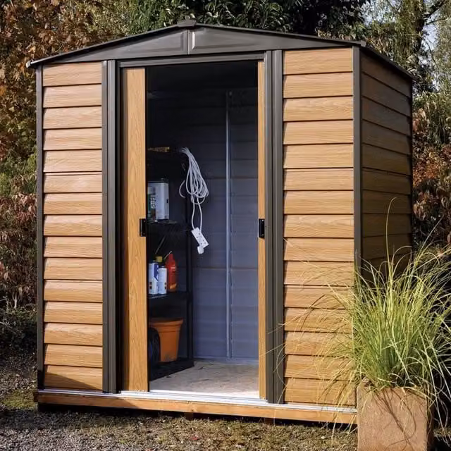 Rowlinsons Woodvale Metal Apex Shed with Floor in Brown, W: 194 cm, D: 151 cm, H: 201 cm