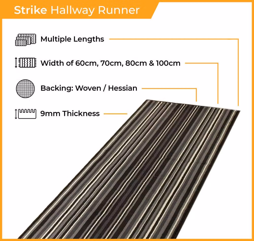 runrug Strike Hallway Carpet Runner Rug in Black, W/D/H: 70 x 330 x 0.9 cm – 2