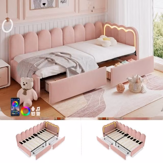 ModernLuxe Single Daybed in Pink with LED Under-Bed Lighting and 2 Storage Drawers – 1