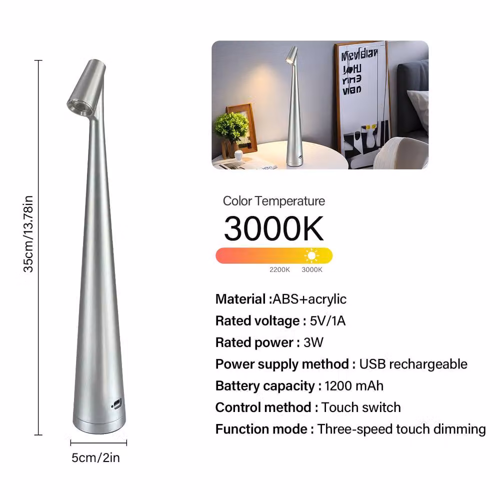INMTFEI Touch LED Table Lamp in Silver, USB-C Rechargeable with Dimmer Function – 4