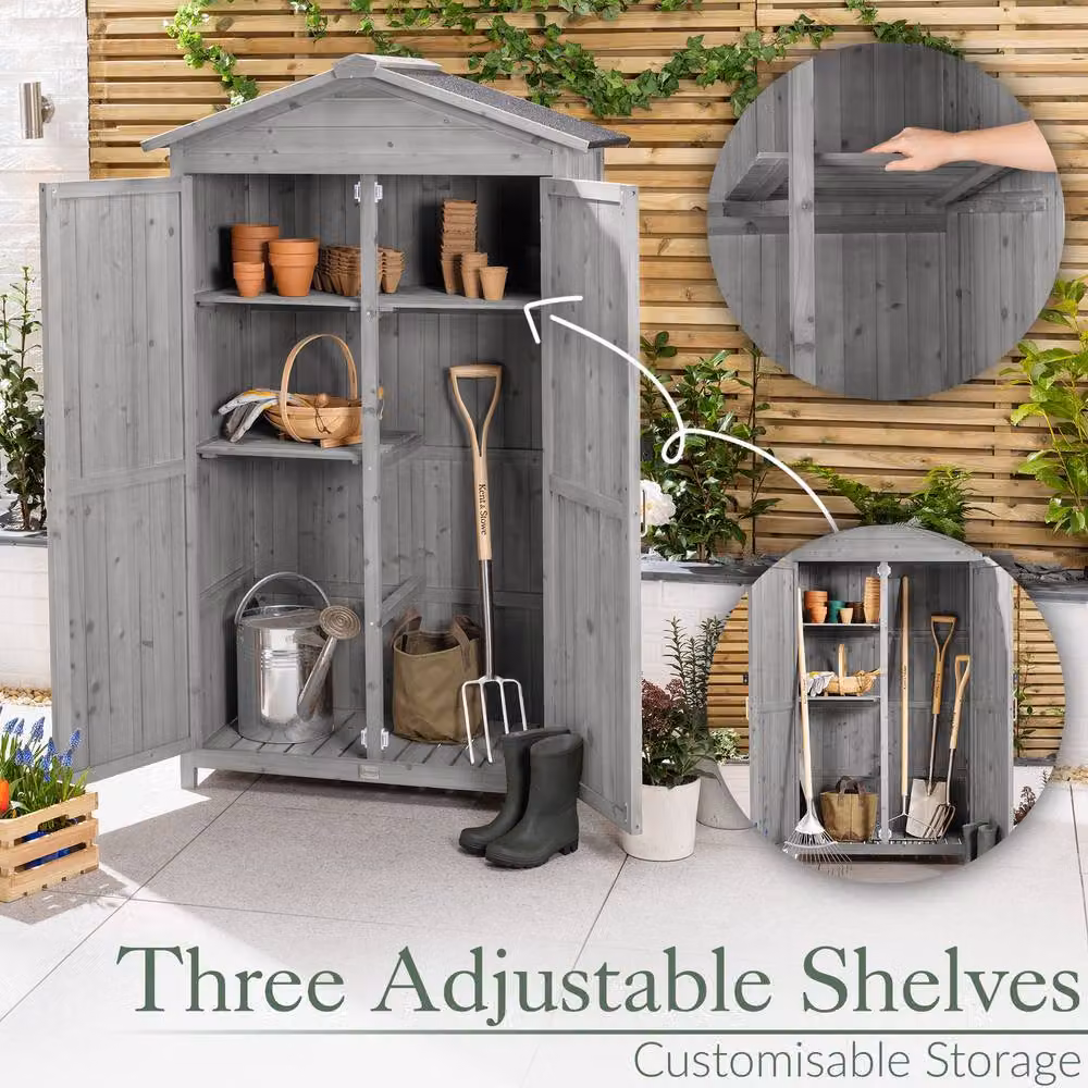 Christow Grey Slim Double Door Garden Storage Shed with Shelving, W/D/H: 64 x 41.4 x 166 cm – 2