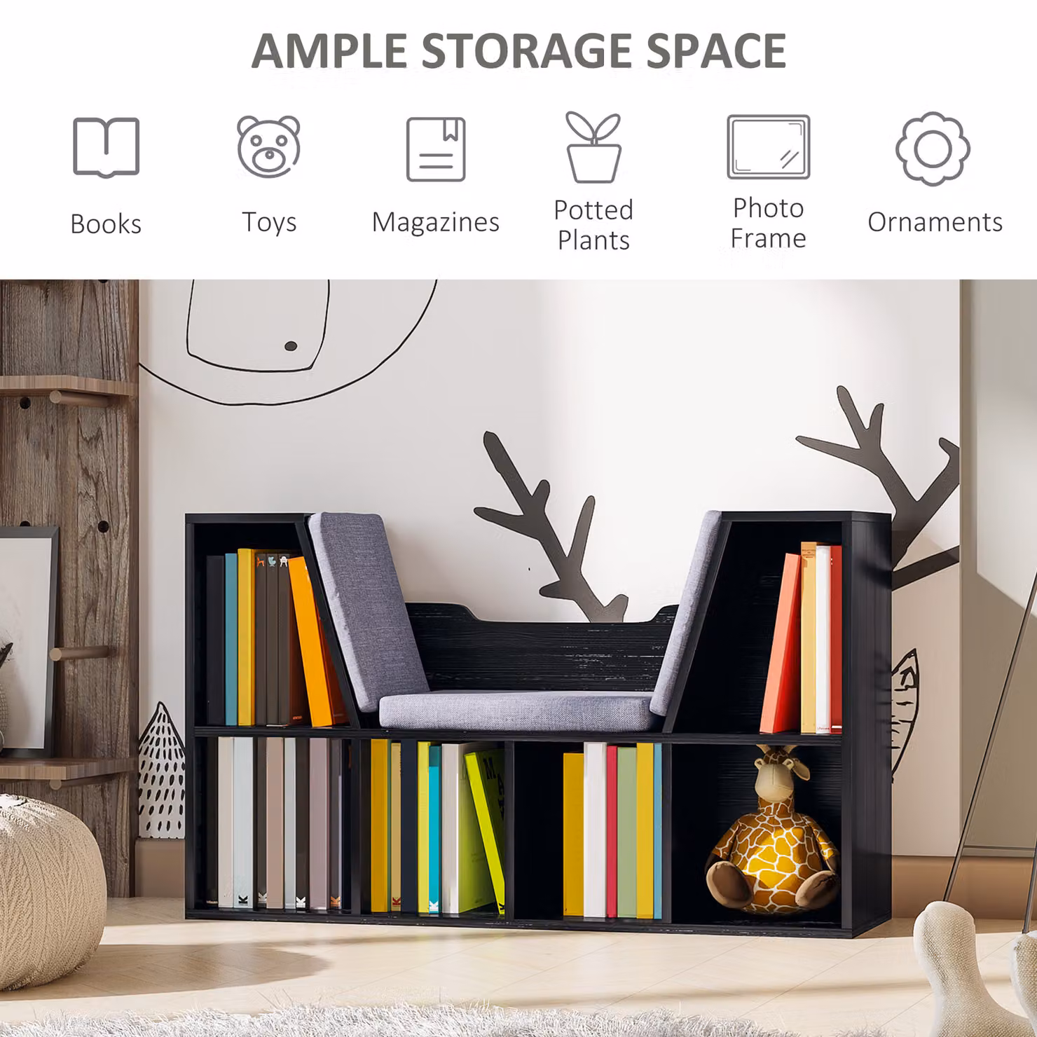 HOMCOM Black Bookcase Shelf Storage Seat with Cushion for Childrens Bedroom or Living Room – 5