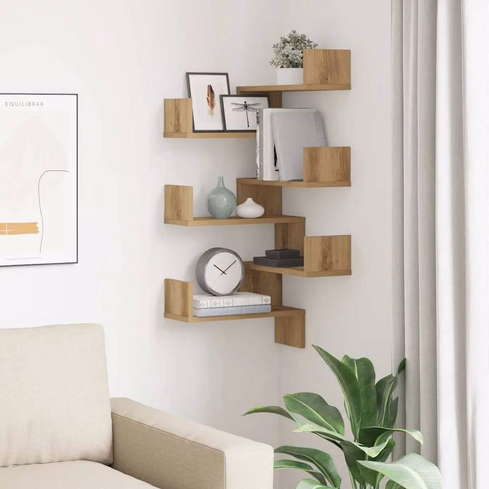 Berkfield Home Artisan Oak Wall Corner Shelves, 2 Piece Set, Brown, W/D/H: 40 x 40 x 49.5 cm – 2