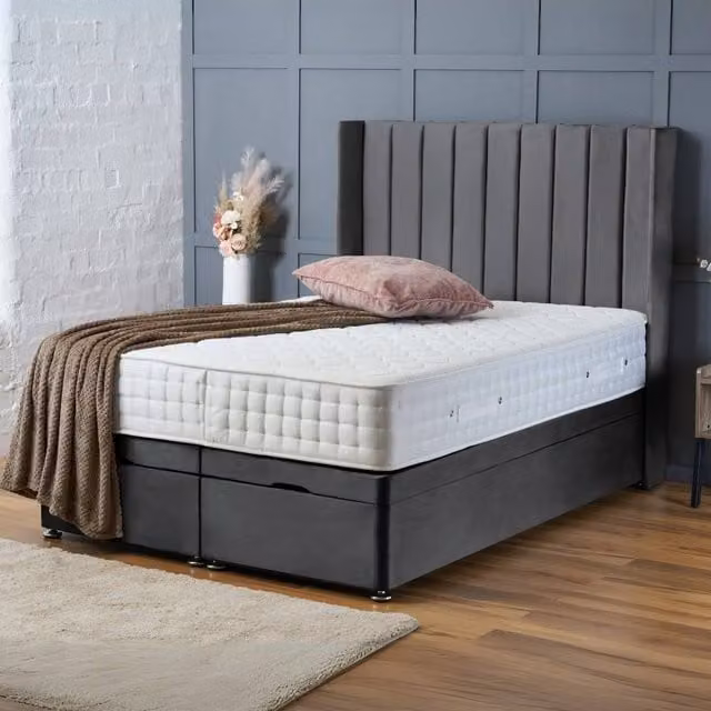 BSSPOKE Hannah Super King Ottoman Divan Bed with 54 inch Headboard and Mattress in Charcoal Grey Plush Velvet, W/D/H: 200 x 200 cm