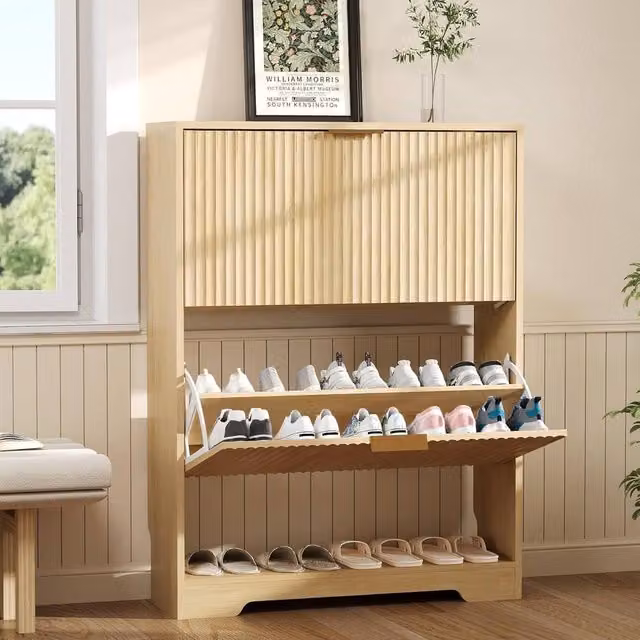 London Boutique Mid-Century Modern Shoe Storage Cabinet with 2 Drawers and Tilting Compartments in Beige