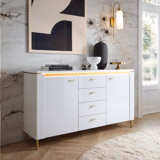 Furniture To Go Lazio Modern Glossy Sideboard with Integrated LED Strip in White and Gold
