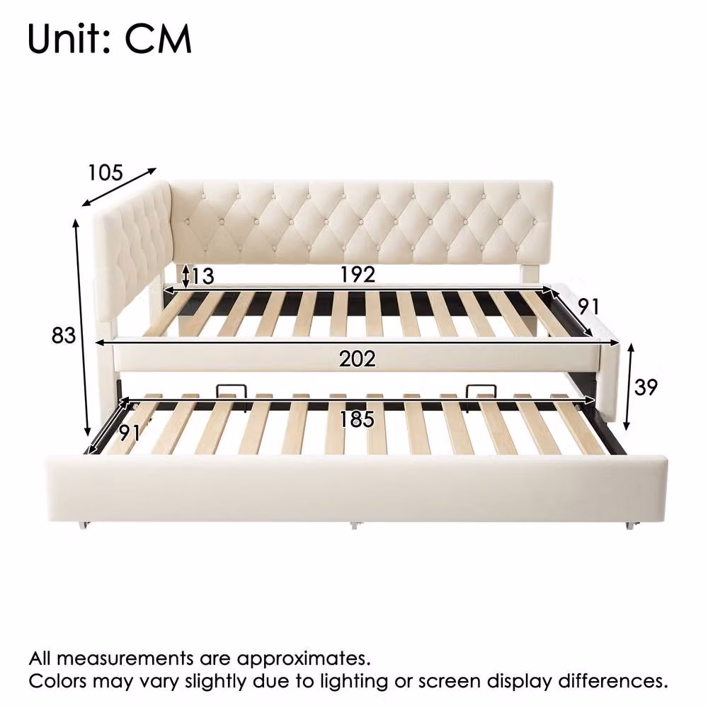 Rolipo Beige Velvet 3FT Single Daybed with Pull Out Trundle Sofa Bed W/D/H: 90 x 190 x 83 cm – 2