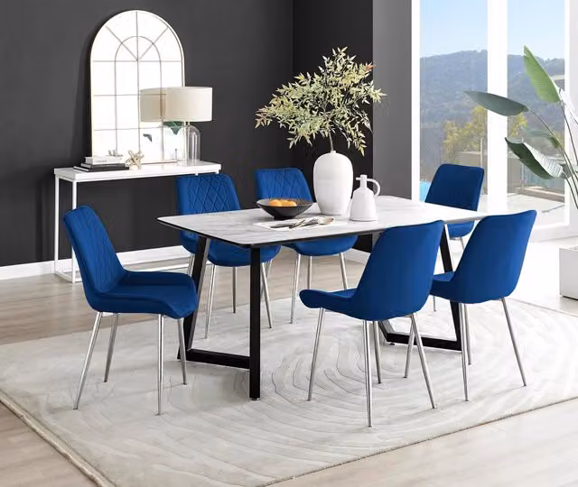 FurnitureboxUK Carson White Marble Effect Dining Table and 6 Pesaro Silver Chairs in Navy Blue – 1