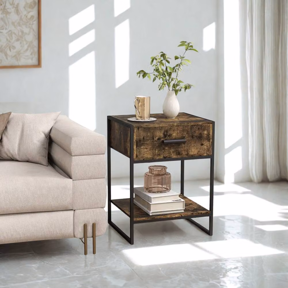 FURNOS Industrial Bedside Table with Drawer and Shelf, Brown and Black, W: 40 cm, D: 40 cm, H: 60 cm – 4