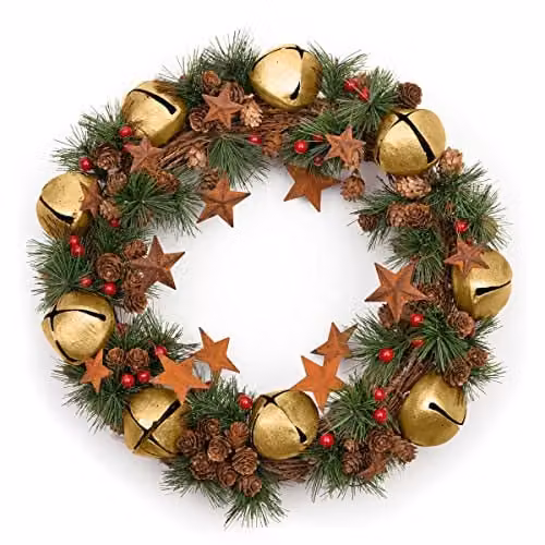 Shatchi Gold and Red Christmas Wreath with Stars and Leaves, Diameter: 40 cm