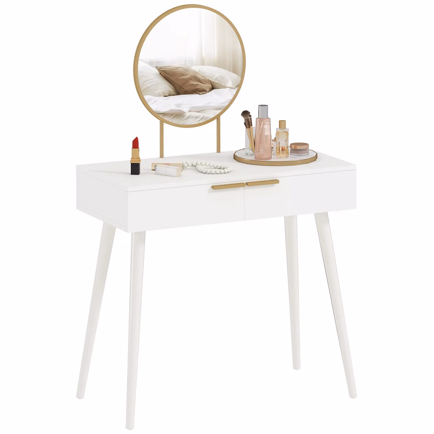 HOMCOM Modern Dressing Table with Round Mirror and 2 Drawers in White – 2