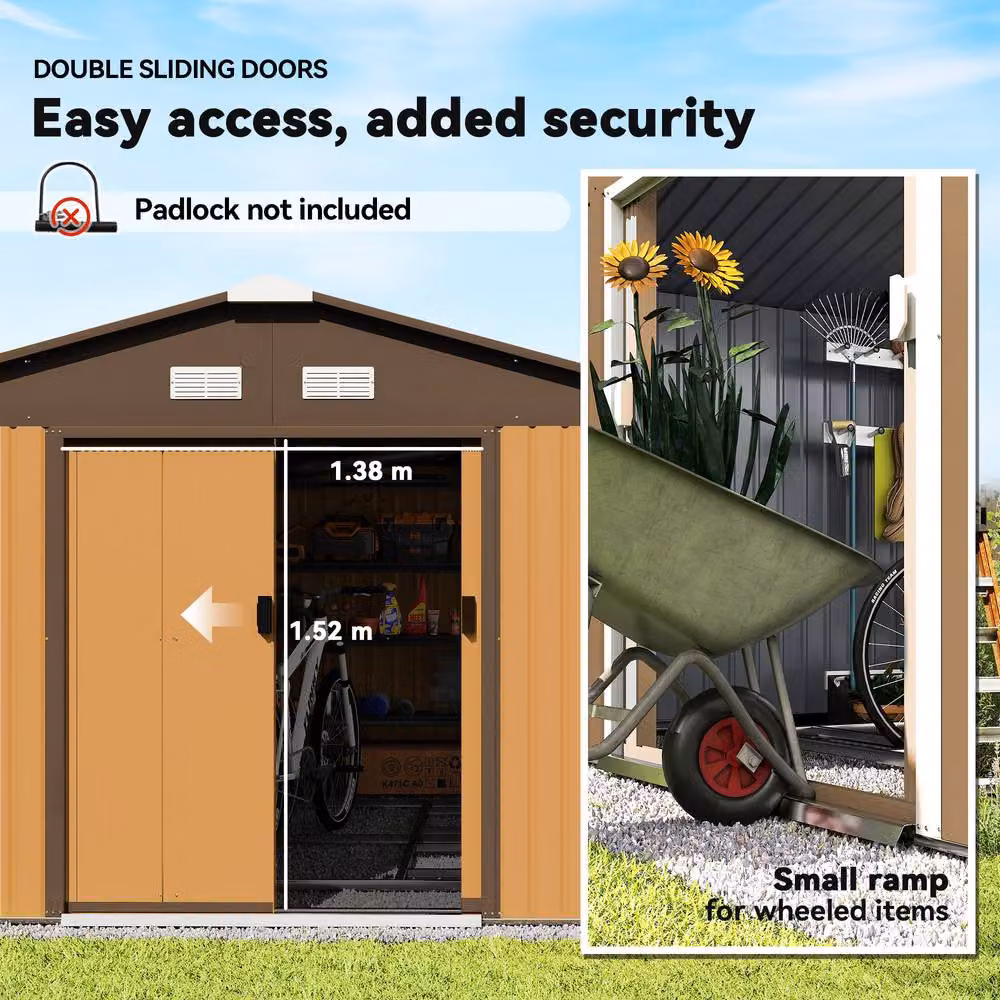 Rolipo Metal Garden Shed with Vents and Foundation, Light Brown, W: 3.96 m, D: 4.0 m – 3