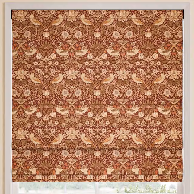 William Morris At Home Strawberry Thief Made to Measure Blackout Roman Blind in Madder Red and Multicolour Floral Design